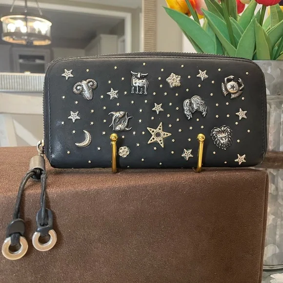Jimmy Choo Black Leather Zip Around Zodiac Wallet